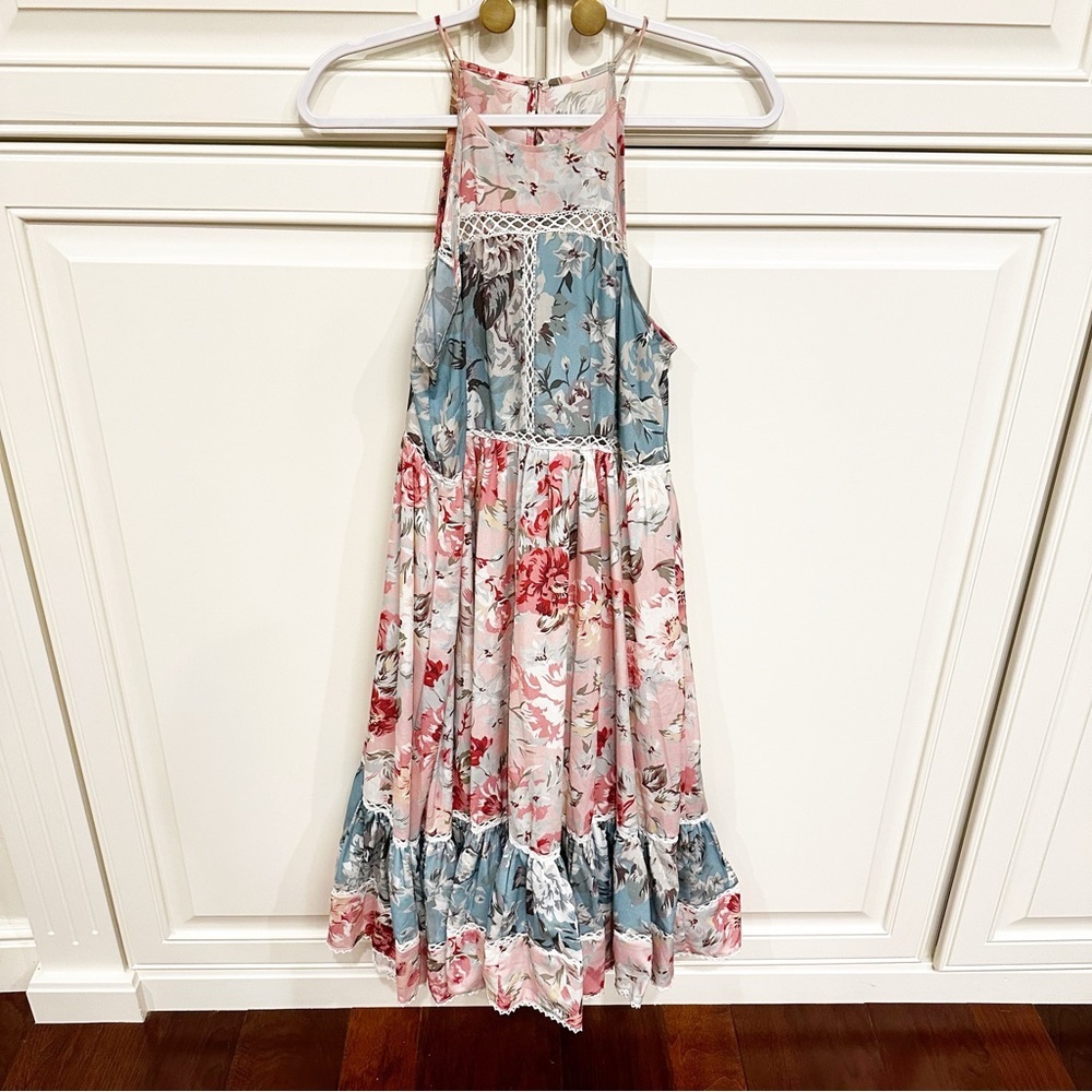 Boutique Womens Midi Dress Helen Deny Patchwork Boho Roses Floral Pink Blogger